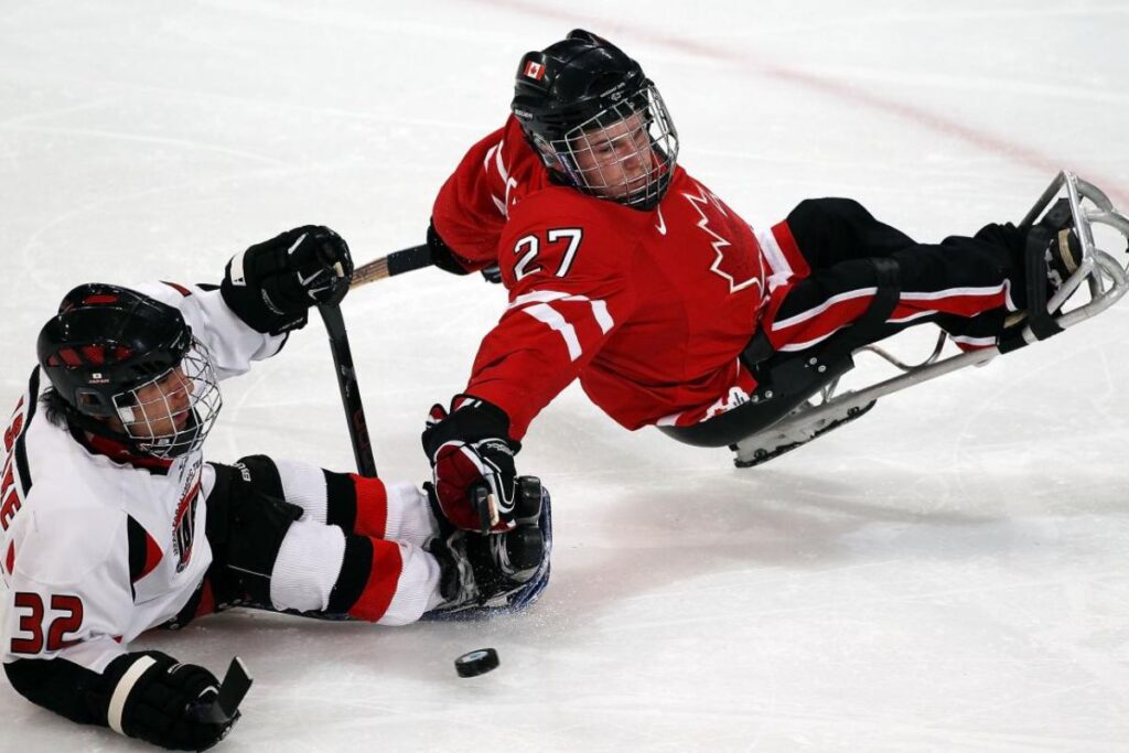 Two wheelchair ice hockey players during a match. Two wheelchair ice hockey players during a match.