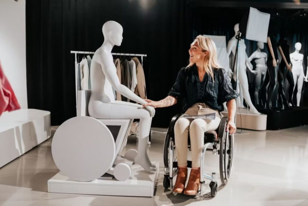 Sophie Morgan at the Primark presentation of the prototype seated mannequin in a wheelchair