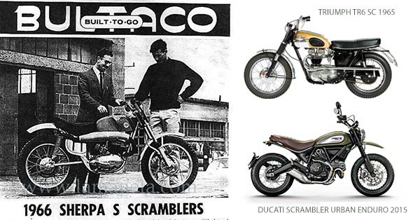 modelos de motos tipo scrambler En la imagen se muestra los primeros modelos de moto de Bultaco Sherpa S Scrambler y Triumph TR6 de los años, junto con la Ducati Scrambler Urban de 2015.