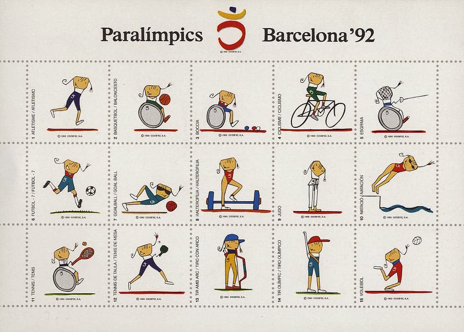 sellos de los Juegos Paralímpicos de Barcelona 1992 con la mascota Petra. Mascota Petra en sellos de los Juegos Paralímpicos de Barcelona 1992.